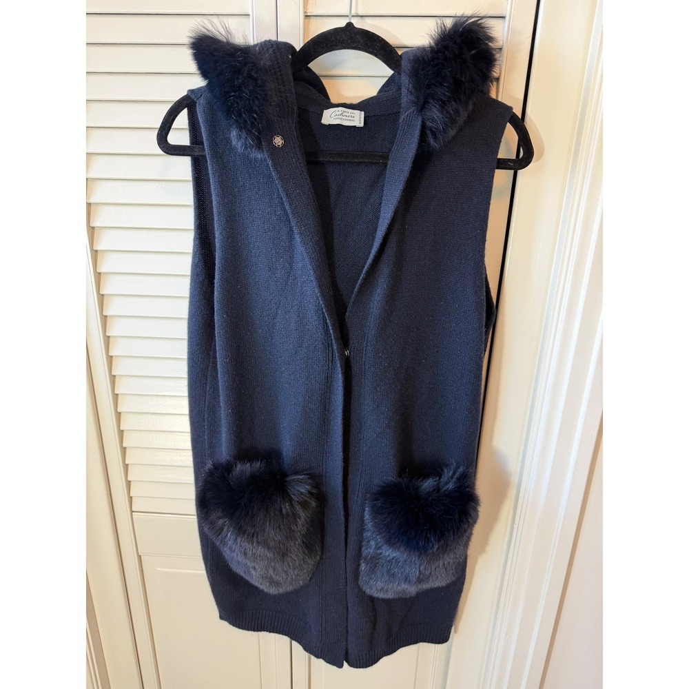 Il Forte Del Cashmere Navy Blue 100% Cashmere Fur Trim Hooded Long Vest Italy